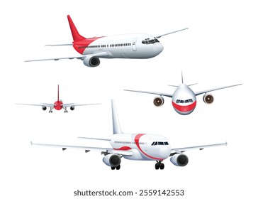 Four Airplanes, 3D Set of White Realistic Airplane Isolated, Render Collection Airplane Icon, Travel Concept, Traveling Booking Agency, Airline, Holiday Vacation, Vector Illustration.