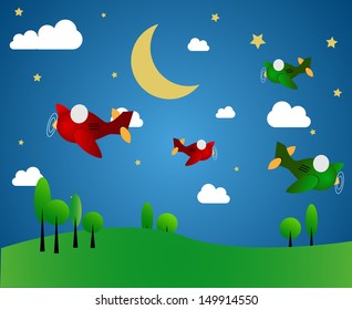 Four airplanes at night