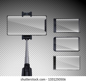 Four all screen front glossy touchscreen smartphones set with selfie stick realistic transparent background isolated vector illustration