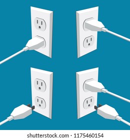 Four american abstract wall outlets with two inputs and plugs - vector clipart