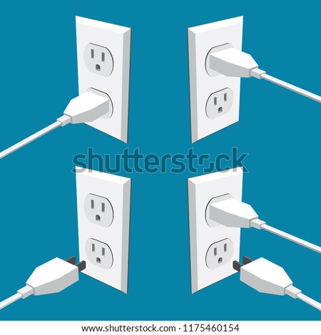 Four american abstract wall outlets with two inputs and plugs - vector clipart