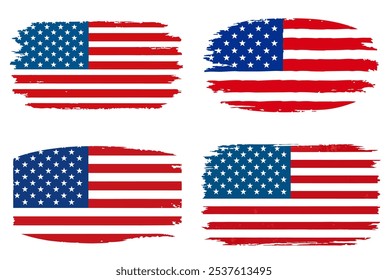 Four American flags with stars and stripes, one of which is blurry. The other three are in focus