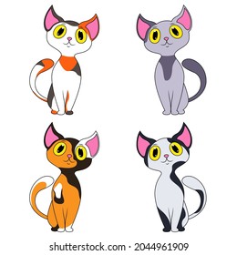 Four amusing cartoon cats isolated on white background, color image of pets