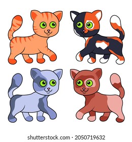 Four amusing cartoon cats isolated on white background, color image of pets