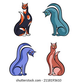 Four amusing cartoon cats isolated on white background, color image of pets