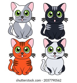 Four amusing different cartoon cats isolated on white background, color image of pets