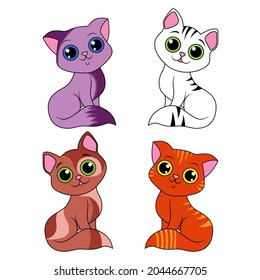 Four amusing different cartoon cats isolated on white background, color image of pets