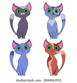 Four amusing different cartoon cats isolated on white background, color image of pets