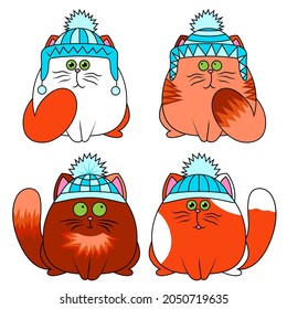 Cuatro divertidos dibujos animados diferentes gatos en sombrero de invierno aislados en fondo blanco, imagen de color de mascotas
