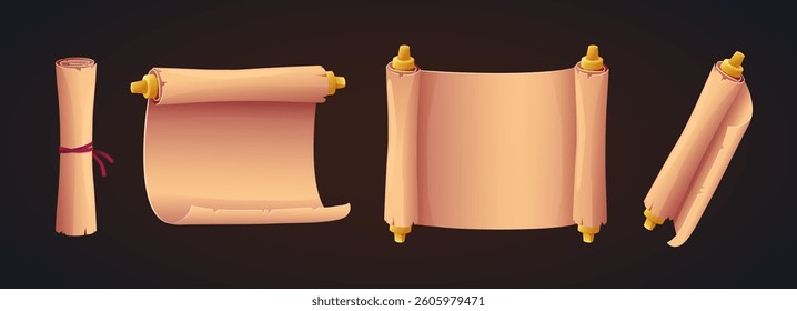 Four ancient scrolls in various open and rolled styles, shown in a cartoon graphic style on a dark background. Concept of history and old manuscripts. Vector illustration