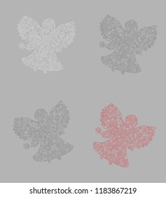 Four angels with a lacy pattern outline on a gray background isolate