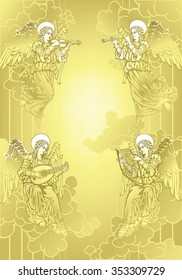 Four angels playing music in golden tones / Toning - on a separate layer, color and blending mode can be changed