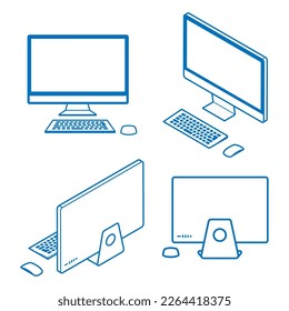 Four angles 3d desktop computers set - Line art, blank screen