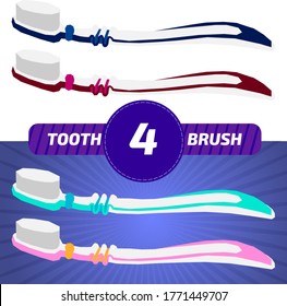 Four angular flat toothbrushes of different colors without shadows. Nylon bristles and plastic handles.