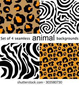 Four animal seamless patterns. Leopard, zebra, tiger, jaguar. Safari collection. Abstract vector backgrounds. Backgrounds & textures shop.