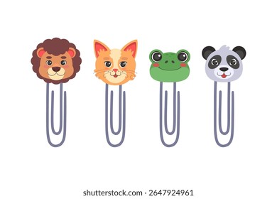 Four animal shaped paper clips on a isolated background. Vector illustration in a flat style