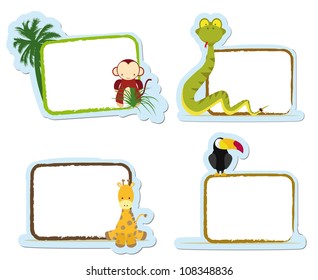 four animal stickers for school, monkey, snake, giraffe and toucan