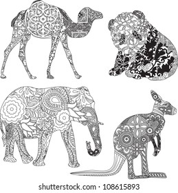 four animals in ethnic ornaments