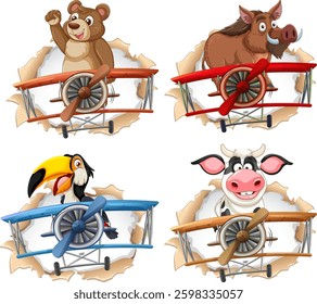 Four animals piloting colorful vintage airplanes
