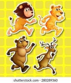 Four animals running on yellow background