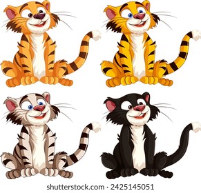 Four animated cats with distinct playful expressions.