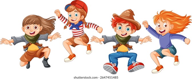 Four animated children joyfully jumping, showcasing vibrant colors and dynamic poses in a playful vector illustration style
