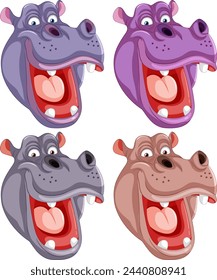 Four animated hippo heads with different expressions.