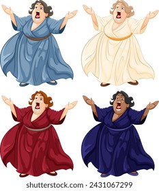 Four animated opera singers in vibrant dresses