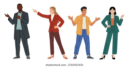 Four animated professionals gesture confidently. Each person displays unique energy and attitude. They appear ready for business or collaborative discussion