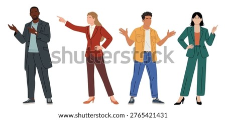 Four animated professionals gesture confidently. Each person displays unique energy and attitude. They appear ready for business or collaborative discussion