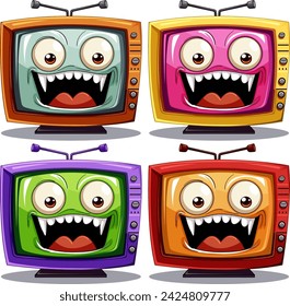 Four animated TVs showing various funny faces.