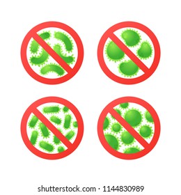 Four Antibacterial Signs. Red Alert Circles with Germs. Vector Set
