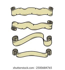 Four antique scroll banners, each with a unique design. Ideal for projects requiring a touch of elegance and history