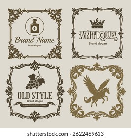 Four antique style frames with lettering, floral ornament and logos.