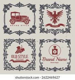 Four antique style frames with lettering, floral ornament and logos.