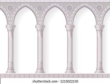 Four antique white columns realistic 3d composition with ribbing on white background vector illustration