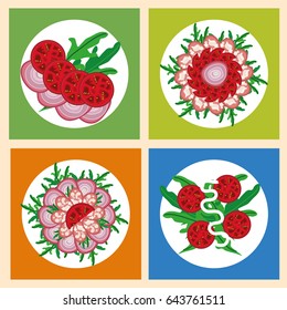 Four Appetizing Slicers of Vegetables and Sausages That Will Be the Decoration of the Table for the Holiday. Vector Illustration