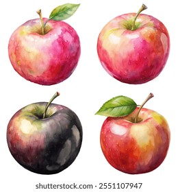 Four apples with a green leaf on top. The apples are different colors, including black and red