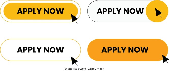 Cuatro aplican ahora Botones con cursores en amarillo, blanco y negro, ofreciendo varias opciones de diseño para interfaces de Web.