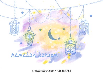 Four Arabic Lanterns or Fanous and Moon Crescent hanging on threads and shine. Bright watercolor stains background. Hand drawn greeting card for Ramadan Kareem, Eid Mubarak