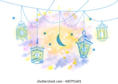 Four Arabic Lanterns or Fanous and Moon Crescent hanging on threads and shine. Bright stains background. Hand drawn greeting card for Ramadan Kareem, Eid Mubarak