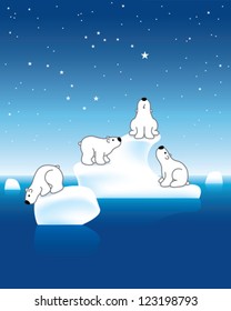 Four Arctic Polar Bears on Icebergs under a Starry Sky