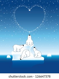 Four Arctic Polar Bears on Icebergs under a Heart Shaped Starry Blue Sky