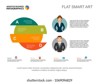 Four area circle chart slide template. Graphic presentation design with option diagram. Creative concept for infographics, project, report can be used for topics like business, marketing, analysis