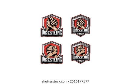 Cuatro diseños de logotipos de lucha de brazos con un escudo con brazos cruzados y el texto "Arm Wrestling".