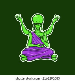 Four Arms Green Alien Holding a Rolled Weed, Sit Down Like a Buddha or Lotus Position