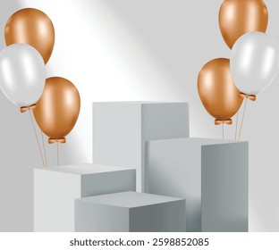 Four çpodiums are arranged at different heights, decorated with gold and white balloons on the sides. The design is sleek and elegant, making it perfect for product displays.