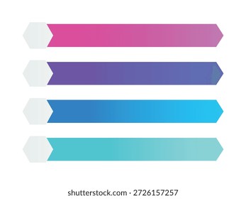 Vier pfeilförmige Banner mit Farbverlauf-Farben rosa lila blau und türkis für Listenstufen