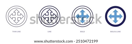 Four arrows icon in 4 different styles. Thin Line, Line, Bold, and Bold Line. Duotone style. Editable stroke.