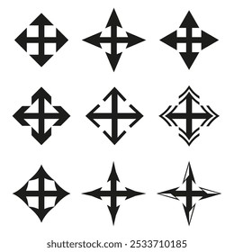 Four arrows icon. Cross directional symbol. Black vector design. Geometric arrow shape.